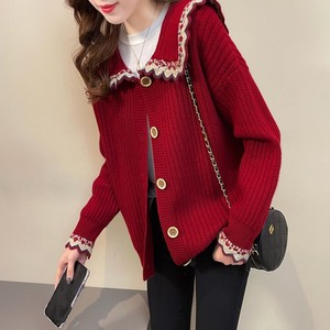 红色女士毛衣外套春装百搭年新款韩版宽松外穿娃娃领针织开衫上衣