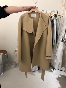 韩国实拍东大门女装代购 HORN优雅披肩圆领系腰带双面羊毛呢大衣