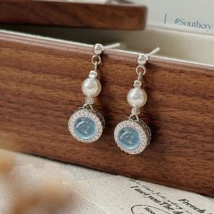 海蓝宝耳环蓝色水晶宝石轻奢高级感法式复古小众洋气秋冬新款耳饰