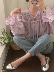 韩系chic高级感荷叶边系带喇叭袖衬衫女很仙的奶系温柔紫别致上衣