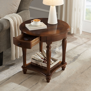 实木沙发边几边桌客厅角几美式小圆桌侧边圆形小茶几桌子欧式边柜