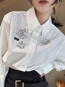 图案订钻白色短衬衫女24年春季新款休闲直筒白领气质纯棉长袖上衣