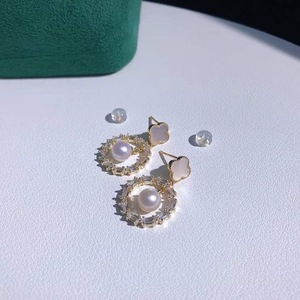 DIY配件天然珍珠S925纯银时尚幸运草贝壳耳钉空托配5~7mm圆珠