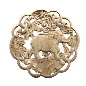 东阳木雕藏式实木雕花贴花圆形装饰大象猴子造型浮雕橡胶木花片