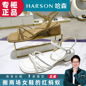 HARSON哈森凉鞋2024夏专柜同款粗跟交叉绑带一字带凉女鞋HM246033