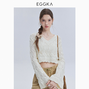 EGGKA V领喇叭袖镂空针织衫春秋法式设计感小众独特别致短款上衣