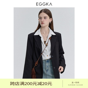 EGGKA 黑色西装外套女韩版宽松复古百搭气质修身时尚通勤休闲上衣