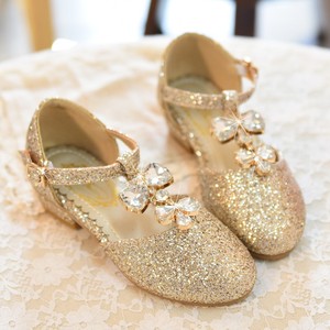 新款迪士尼贝儿公主鞋儿童高跟鞋金黄色闪钻单鞋小孩演女童礼仪鞋