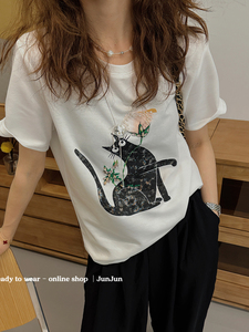卡通猫咪图案短袖T恤女欧洲站夏装2024新款欧货女装丝光棉上衣潮