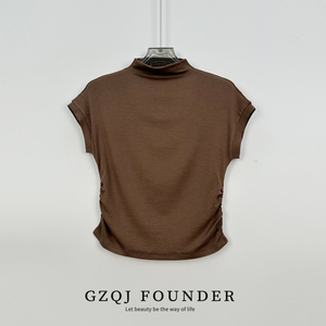 GZQJ【黑糖咖啡】天丝羊毛纯色百搭半高领短袖T恤女夏季修身上衣