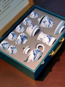 景德镇青花瓷功夫茶具手绘套装家用办公陶瓷泡茶壶茶杯盖碗送礼盒