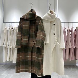 秋冬季新款复古英伦风格子围巾双面羊绒大衣女长款高级感毛呢外套