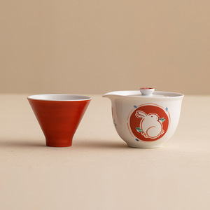 日本进口藏珍窑前兔似锦陶瓷茶具日式家用赤绘可爱兔子茶壶品茗杯