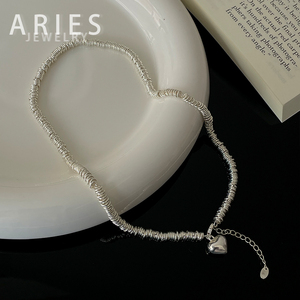 Aries 重工复古圆圈爱心项链S925纯银小众设计高级气质银环锁骨链