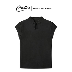 CANDIES 黑色新中式盘扣针织小飞袖t恤女装夏季新款别致显瘦上衣