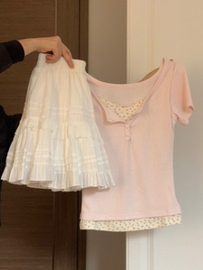 粉色碎花短袖t恤女假两件2024夏可爱白色蛋糕裙半身裙套装两件套
