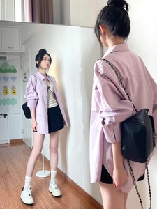 香芋紫色衬衫女2024新款设计感小众宽松开衫长袖衬衣外套防晒衬衫