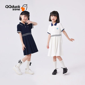 QQduck可可鸭童装夏季新款女童连衣裙学院风中大童短袖连衣裙