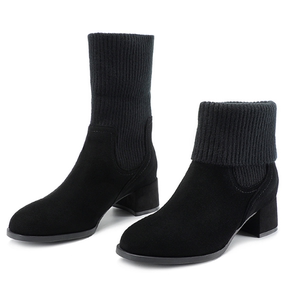 哈森/harson2023冬季新款正品女鞋中跟粗跟磨砂真皮短靴短筒靴子