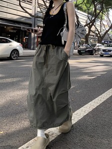 日本代购SLY TB休闲复古军绿色抽绳工装半身裙女直筒显瘦中长裙子