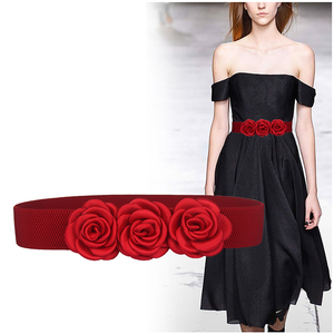 时尚韩版手工布料花朵红色装饰腰带百搭女连衣裙衬衫松紧腰封黑色