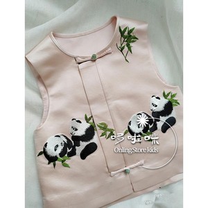 童装女童国风新中式唐装马甲夏季女宝宝儿童粉色熊猫刺绣丝绸背心