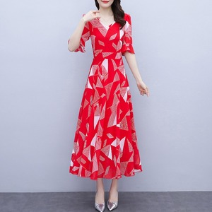 广州十三行夏装雪纺连衣裙2023女新款红色广场舞大摆裙子气质显瘦