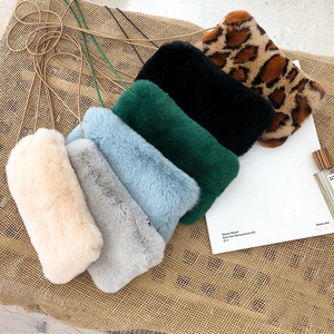 韩国创意豹纹皮草包包整皮獭兔毛真毛毛手机袋 零钱口红化妆小包