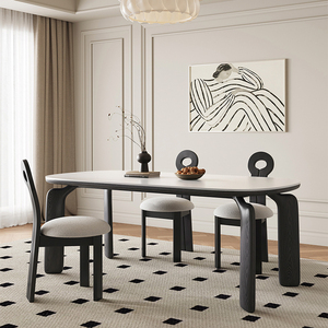 奶油风岩板餐桌大象腿家用小户型长方形复古侘寂风纯白色实木饭桌