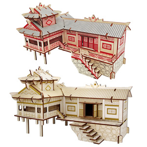 包邮湘西吊脚楼 立体拼图拼装房子木制仿真建筑模型 手工益智玩具