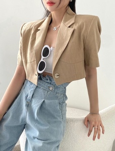 韩国棉麻短袖西装外套女夏季新品气质翻领一粒扣垫肩短款西服上衣