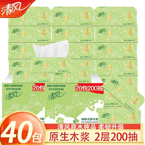 清风淡绿花抽纸2层200抽柔软亲肤家用抽取式面巾纸餐巾卫生纸整箱