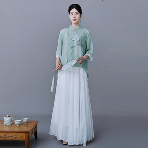 中国风复古文艺棉麻上衣女短款改良汉服长袖衬衫中式禅意茶服?
