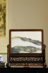 老挝大红酸枝镶嵌云石山云缭绕插屏台屏榫卯结构制文玩木雕收藏品