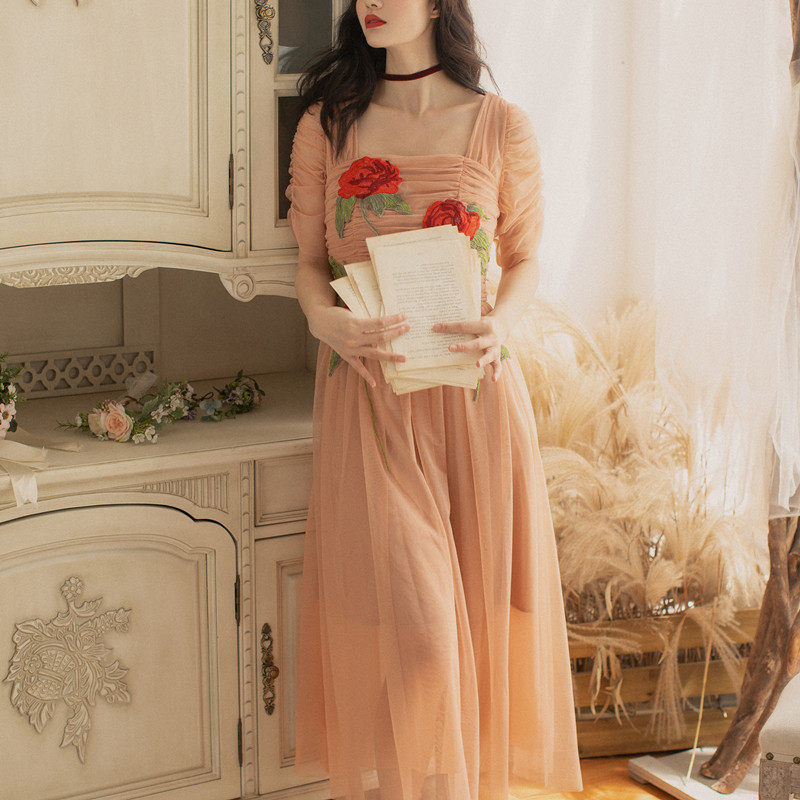 魅色女装法式复古轻婚纱晚礼服玫瑰绣花浪漫梦幻网纱连衣裙仙女