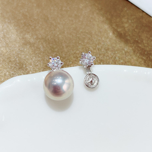 DIY珍珠配件 925银 单钻王妃款珍珠耳钉耳环空托 配8-9mm圆扁珠