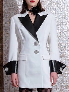欧美2024巴尔曼春秋新款高级感撞色皮钻石扣修身显瘦OL西装连衣裙