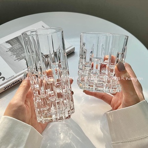 创意方块玻璃杯ins咖啡杯家用浮雕水杯果汁杯冷饮杯熔岩威士忌杯