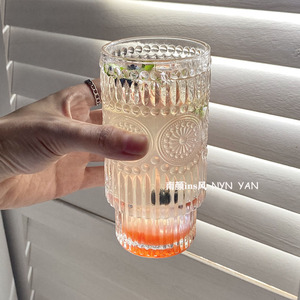 小众中古玻璃杯合集可叠浮雕太阳花玻璃杯冰川纹杯气泡果汁咖啡杯