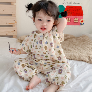 韩国宝宝家居服纯棉薄款短袖棉麻套装夏季儿童睡衣男童女孩小童装