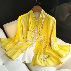 黄色复古盘扣绣花衬衫女夏季改良中式旗袍国风唐装上衣休闲薄外套
