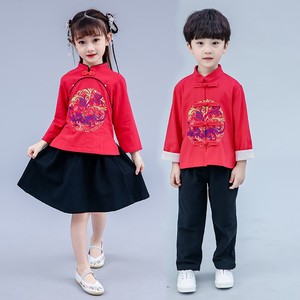 儿童唐装中式婚礼男女花童礼服套装小男孩女孩中国复古红色表演服