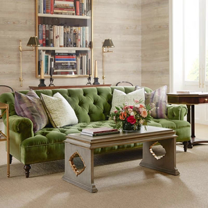 法式复古橄榄绿布艺沙发客厅美式乡村丝绒设计师拉扣高背三人沙发