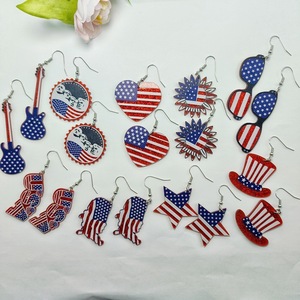美国独立日耳环红白蓝国旗色爱心星星太阳花眼镜USA板材印刷耳饰