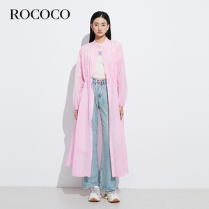 ROCOCO春新品收腰抽褶薄款长外套日系圆领粉色酷飒风衣外套女