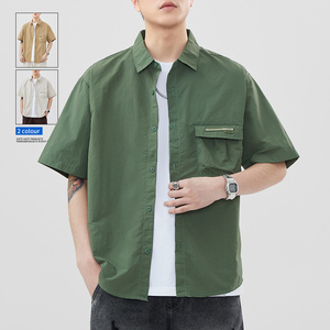 男士短袖衬衫外套夏季2024新款宽松日系潮流浅绿色气质上衣服男款