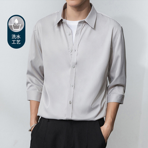 七分袖衬衫男春夏季韩版潮流新款修身上衣休闲宽松短中袖男士衬衣