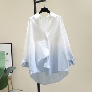白色渐变防晒衬衫女2024年春季新款韩版设计感小众衬衣中长款上衣