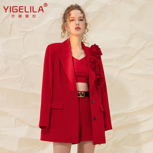 衣阁里拉2023新款红色时尚三件套气质西装外套短款吊牌抹胸套装女