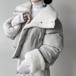 韩国chic冬季大翻领仿羊羔毛棉服宽松加厚两面穿长袖短款面包服女